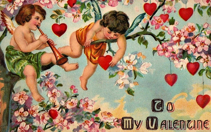 To my Valentine, red, bloom, valentine, branch, card, green, child, pink, vintage, wings, angel, spring, retro, tree, boy, dat, cupid, heart, flower, HD wallpaper