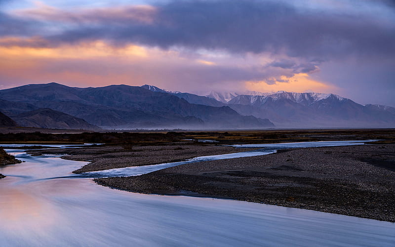 Tibet Plateau Snow Mountains River Sunset Landscape, HD wallpaper
