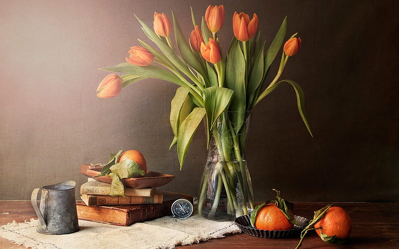 Tulip Still Life, vase, tulips, mandarins, orange, still life, HD wallpaper