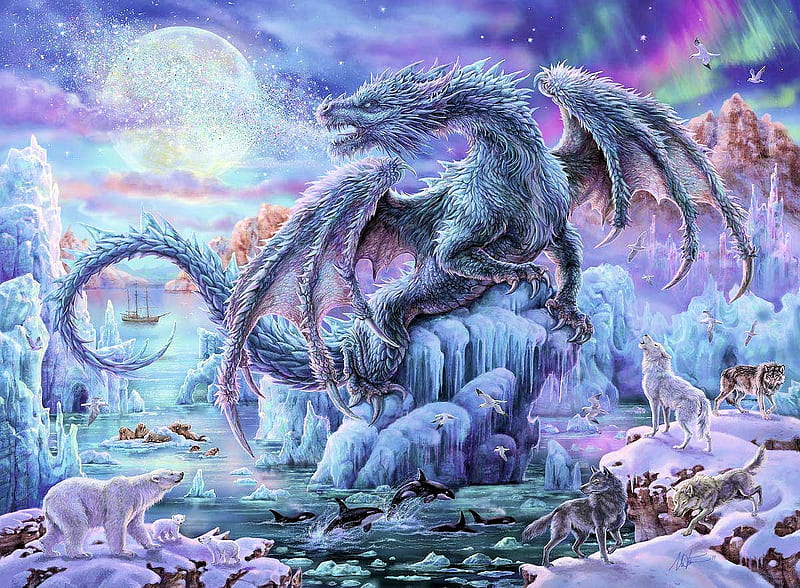 Mystical Dragons, art, moon, wolfpack, mountains, ice, dragon, wolves, polar bear, digital, HD wallpaper