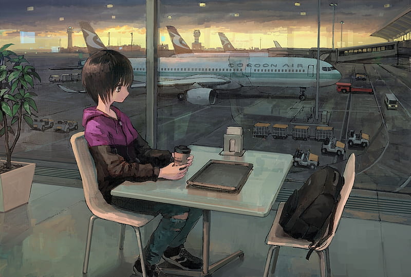 anime airport, trip, mood, anime girl, hoodie, Anime, HD wallpaper