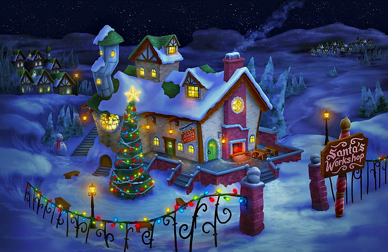 Santa's workshop, pretty, cottages, dusk, bonito, village, evening, frost, art, view, christmas, decoration, new year, snowman, winter, tree, santa, snow, workshop, HD wallpaper