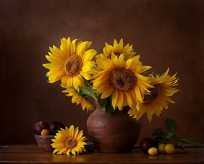Sunflowers, Flowers, Vase, Bouquet, HD wallpaper