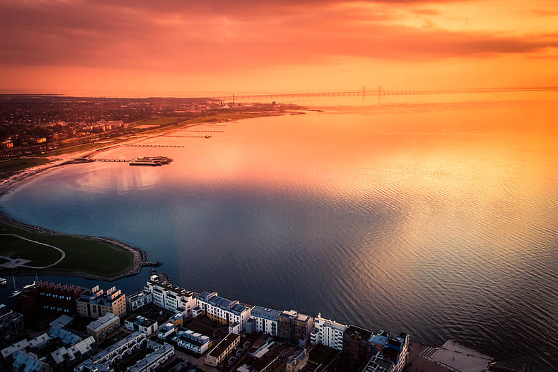 city, sea, aerial view, coast, sunset, HD wallpaper