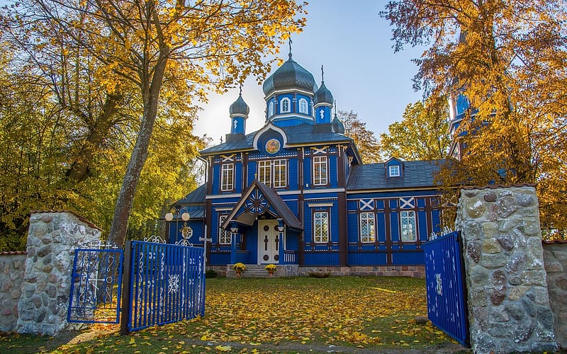 Orthodox Church in Poland, gate, autumn, trees, church, Poland, domes, HD wallpaper