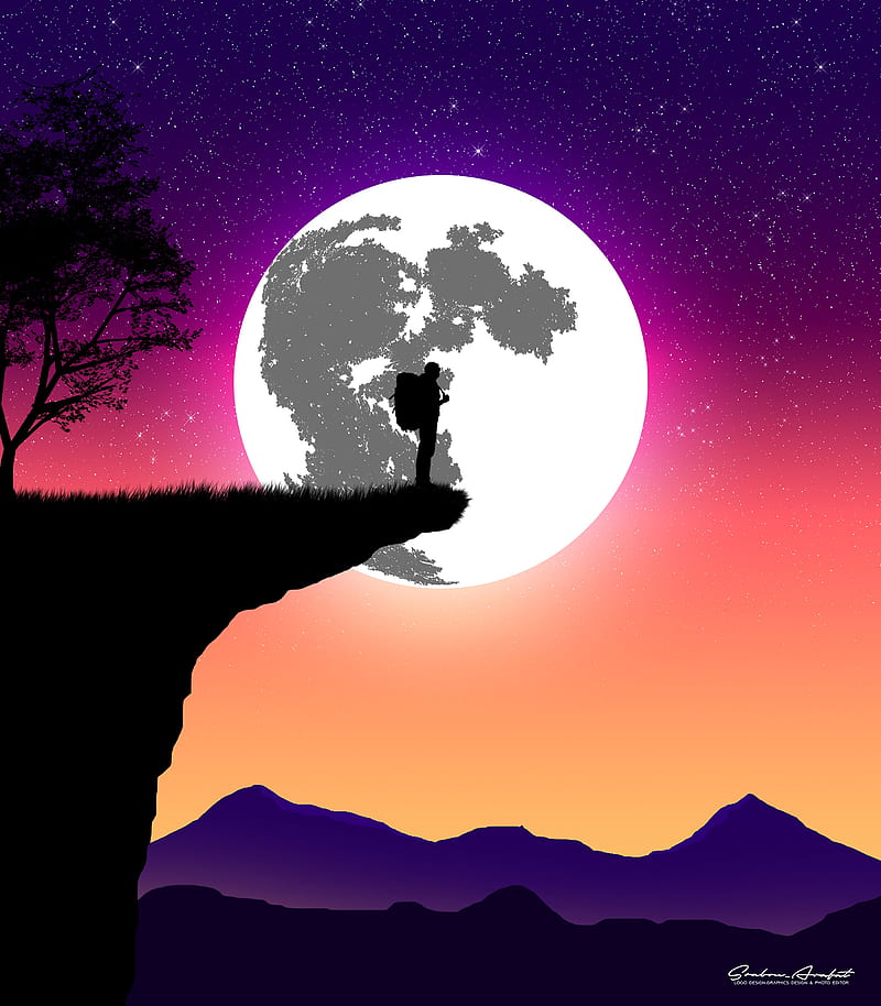 silhouette, moon, art, vector, cliff, night, HD phone wallpaper