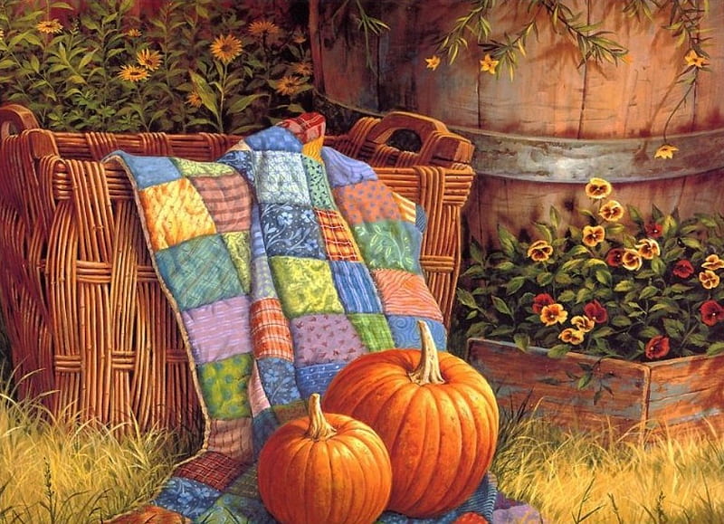 colors of autumn, autumn, basket, flowers, quilt, pumkins, HD wallpaper