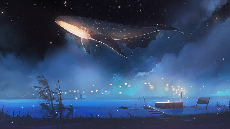 Whale, anime landscape, boat, lake, night, scenic, artwork, Anime, HD  wallpaper | Peakpx