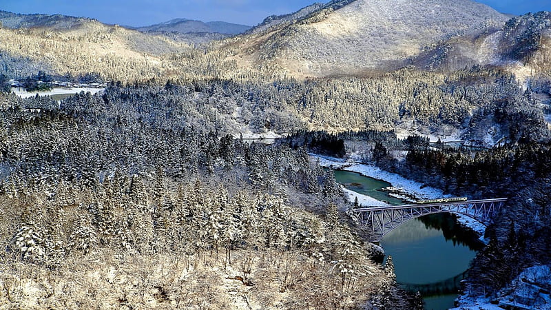 train ride in a winter landscape, train, bridge, river, forests, winter, HD wallpaper