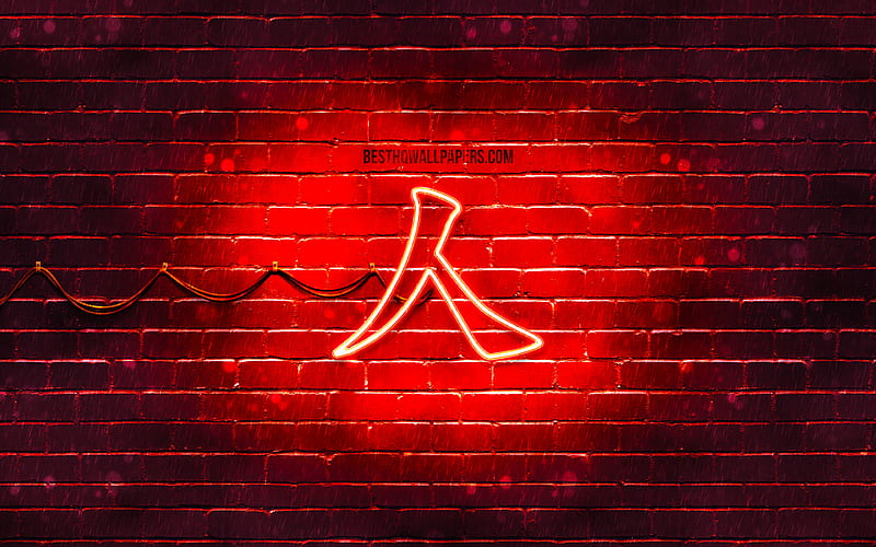Person Kanji hieroglyph neon japanese hieroglyphs, Kanji, Japanese Symbol for Person, red brickwall, Person Japanese character, red neon symbols, Person Japanese Symbol, HD wallpaper