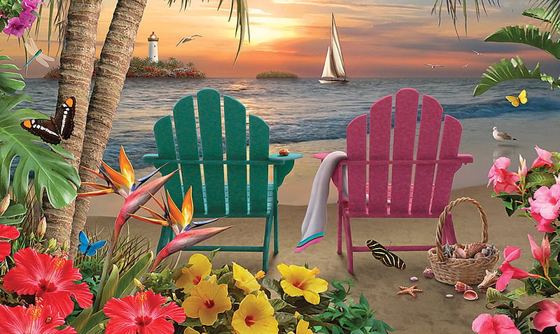 Sitting by a Tropical Sunset, chairs, tropic flowers, sailboat, sea, colorful, ocean, sunset, beach, Tropical, sand, summer, relaxing, HD wallpaper