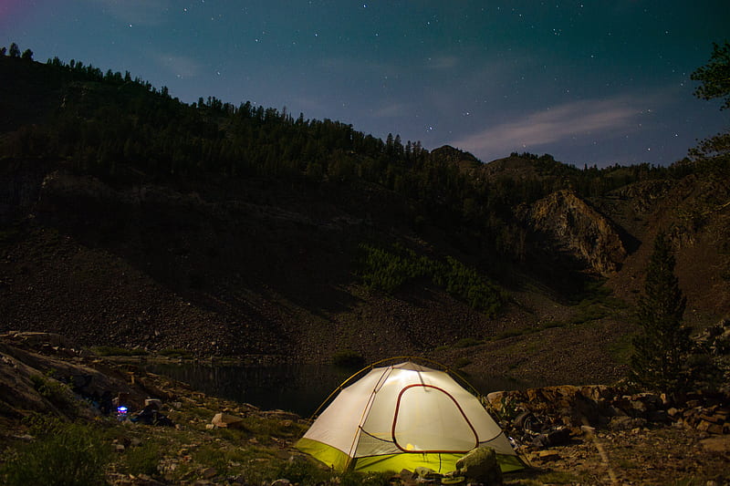 tent, camping, nature, mountains, lake, evening, HD wallpaper
