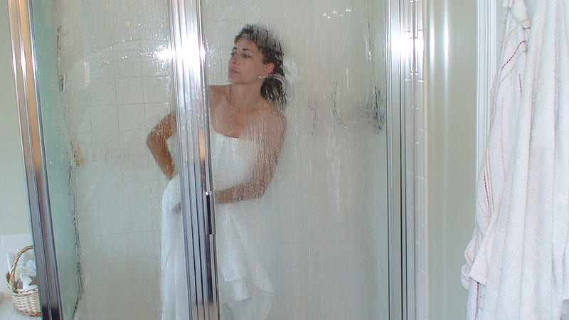 The shower stall, fun, towel, girl, women, HD wallpaper