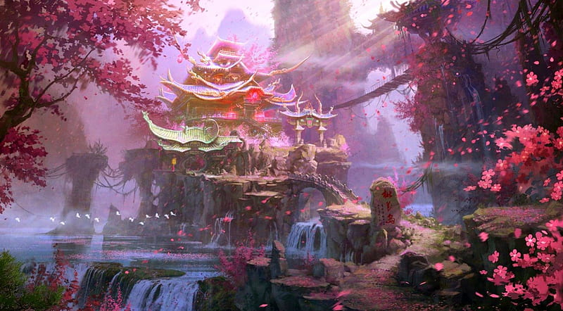 Landscape, fantasy, purple, pagoda, bonito, pink, HD wallpaper