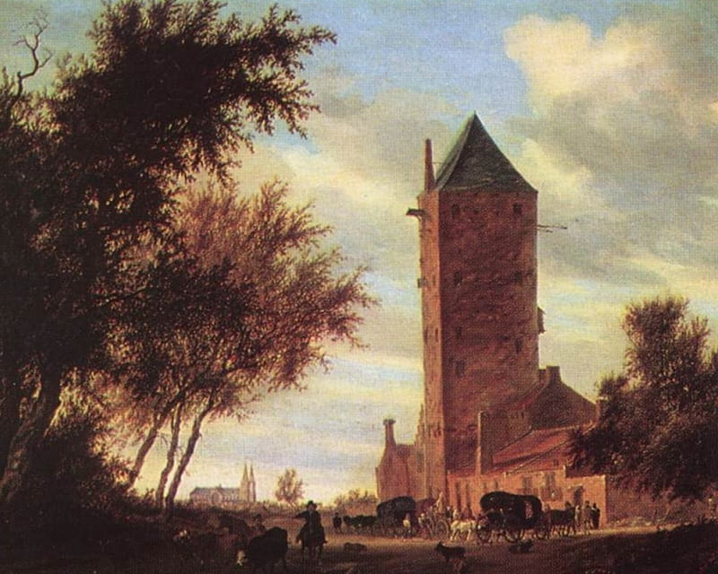 Salomon van Ruysdael - Tower at the Road, painting, seventeenth century, dutch, landscape, HD wallpaper