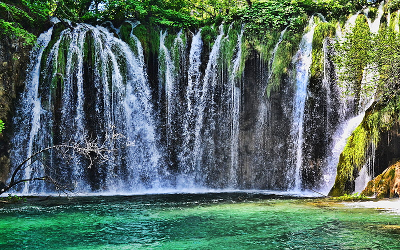 beautiful waterfall, forest, emerald lake, waterfalls, lakes, Plitvice Lakes National Park, Lika-Senj County, Karlovac County, Croatia, HD wallpaper