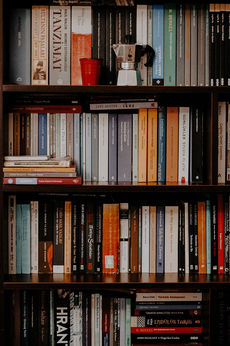 books, shelves, teapot, glass, library, HD phone wallpaper