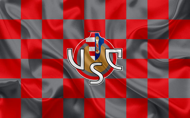 US Cremonese logo, creative art, gray-red checkered flag, Italian football club, Serie B, emblem, silk texture, Cremona, Italy, football, HD wallpaper