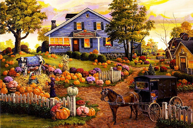 Harvest Time, house, painting, trees, horse, pumpkins, landscape, HD wallpaper