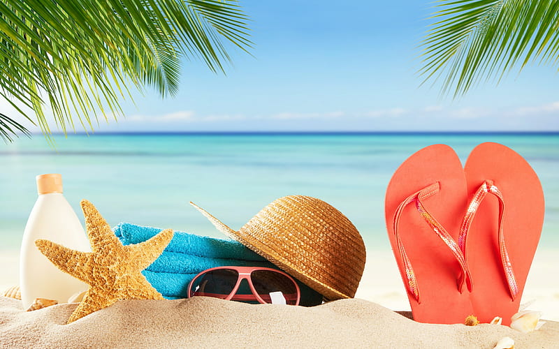 Beach accessories, summer, sea, summer vacation, beach, sand, sunglasses, sunscreen, towel, HD wallpaper