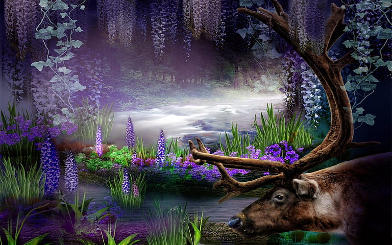 Enchanting Forest , forest, stream, Woods, Enchanted, Fantasy, outdoors, wisteria, deer, water, magical, flowers, lobely, Elk, HD wallpaper