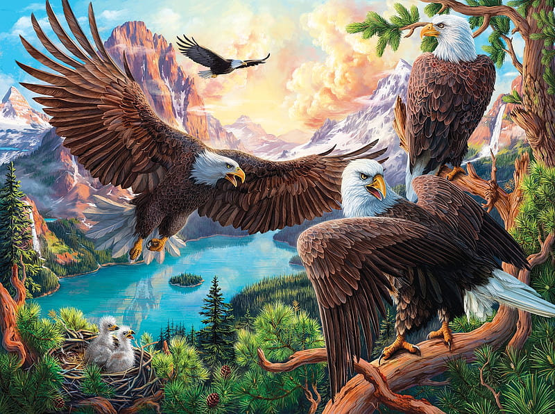 Eagle Dance, bald eagles, nest, mountains, clouds, sky, chicks, artwork, lake, painting, HD wallpaper