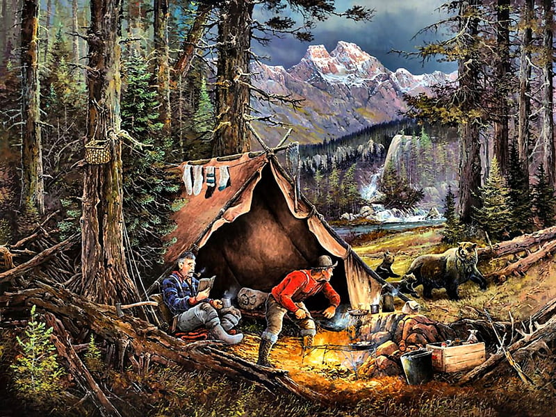 After-dinner Guests 1, forest, art, camping, tent, bear, bonito, artwork, animal, mountains, painting, wide screen, wildlife, HD wallpaper