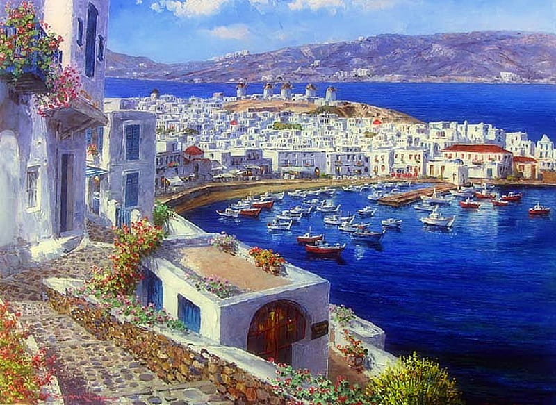 'Island of the Winds - Mykonos', tourists, oceans, stunning, Industrial city, attractions in dreams, Greek, bonito, seasons, paintings, boats, ferry boats, scenery, islands, love four seasons, places, creative pre-made, travels, summer, nature, HD wallpaper