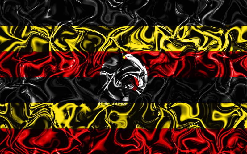 Flag of Uganda, abstract smoke, Africa, national symbols, Ugandan flag, 3D art, Uganda 3D flag, creative, African countries, Uganda, HD wallpaper