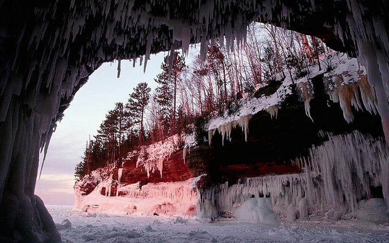 Snow Cavern Sunset, snow, sunsets, nature, caves, winter, HD wallpaper