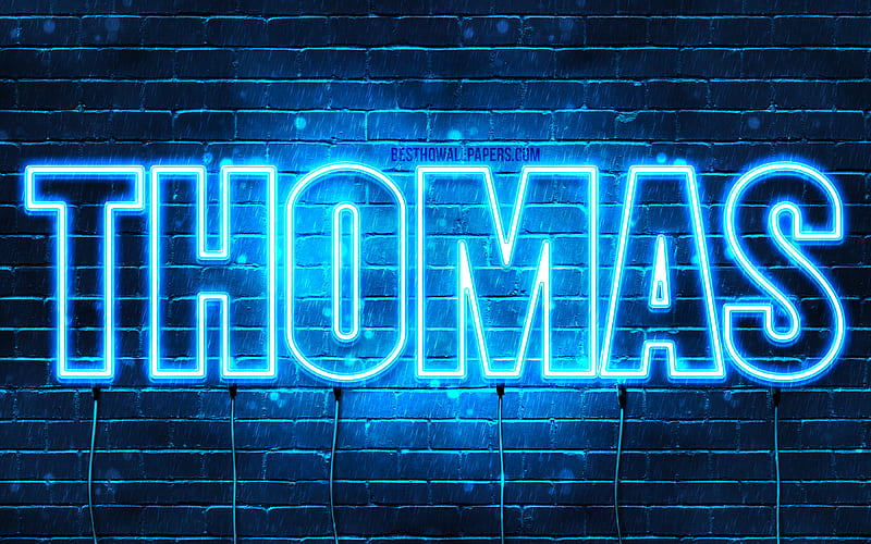 Thomas with names, horizontal text, Thomas name, blue neon lights, with Thomas name, HD wallpaper