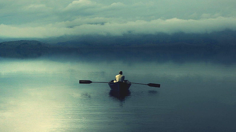 Lonely, man, boat, sea, ocean, HD wallpaper