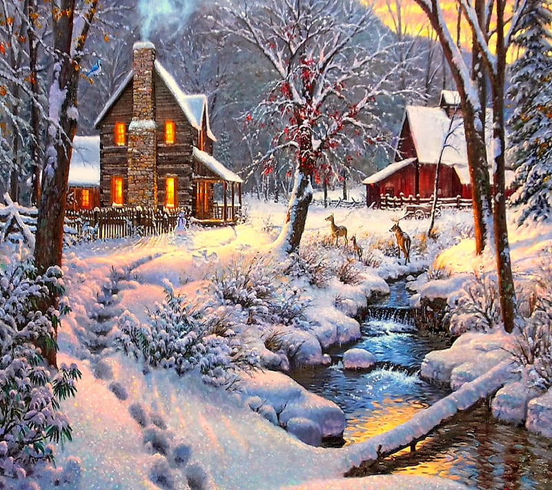 Winter Lodge, house, mark keathely, painting, snow, HD wallpaper