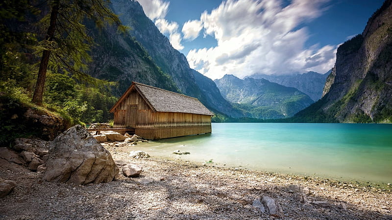 Lake Obersee, Bavarian Alps, rocks, ocks, water, germany, boathouse, mountains, sky, clouds, HD wallpaper