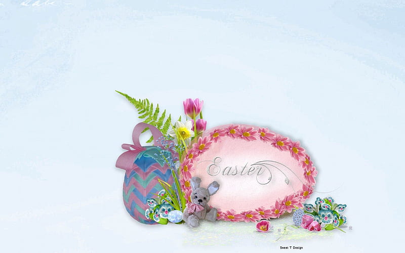 Easter Setting, pretty, holidays, easter egg, yellow, easter, pastels, spring, cute, green, decorations, rabbits, flowers, bunnies, white, pink, blue, HD wallpaper