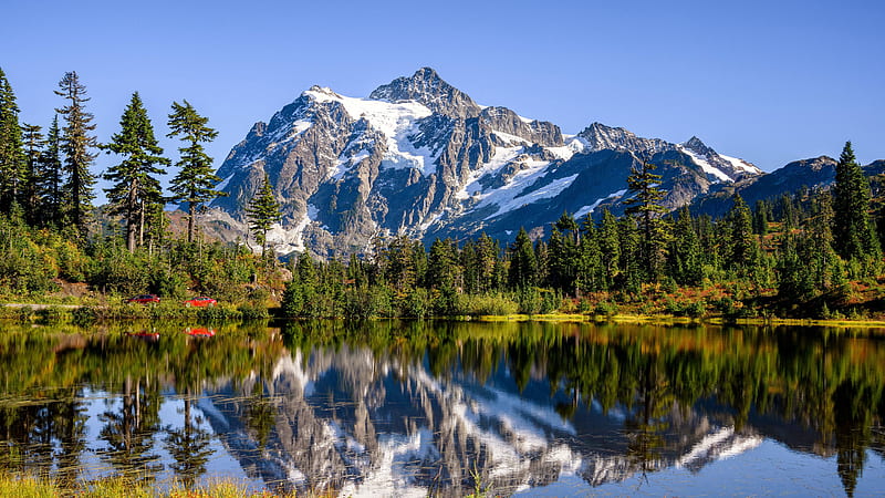 Mount Shuksan Mountain And Lake With Blue Sky Background Nature, HD wallpaper