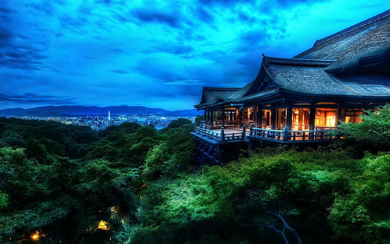China, twilight, house, clouds, forest, HD wallpaper