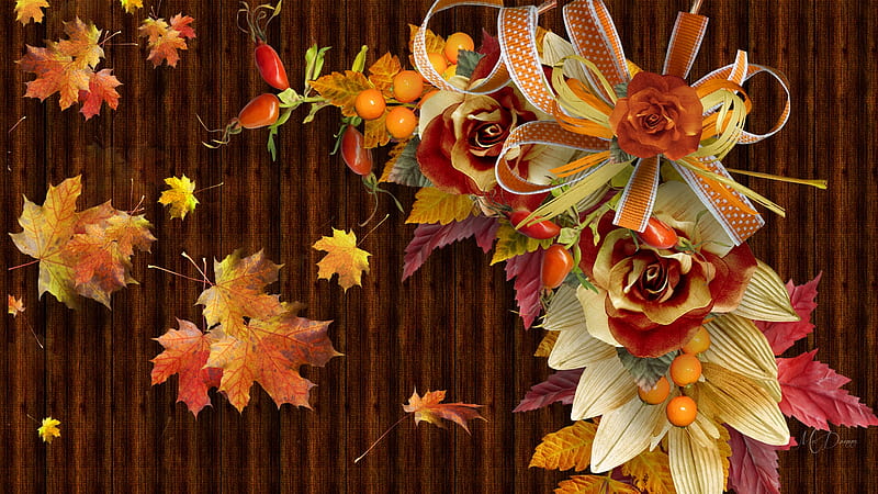 Aautumn Joy, fall, autumn, mountain ash berries, ribbons, roses, leaves, flowers, Firefox Persona theme, wood, HD wallpaper