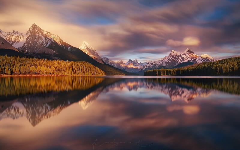 mountain lake, autumn, evening, sunset, mountain landscape, rock, lake, HD wallpaper