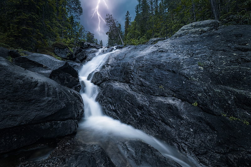 Waterfall and Lightning, HD wallpaper