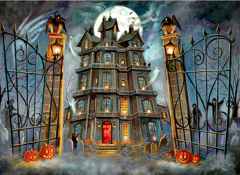 The Haunted House F, art, bats, holiday, haunted house, bonito, illustration, artwork, October, wrought iron fence, painting, wide screen, occasion, Halloween, HD wallpaper