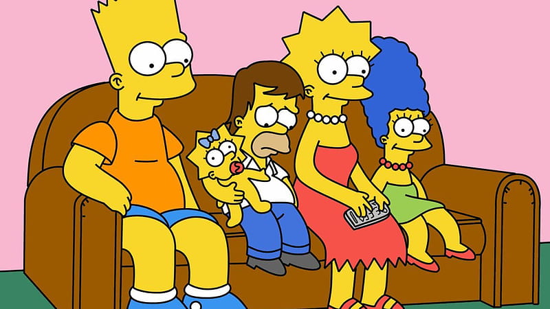 Bart Simpson Family On Brown Couch In Pink Wall Background Bart Simpson, HD wallpaper