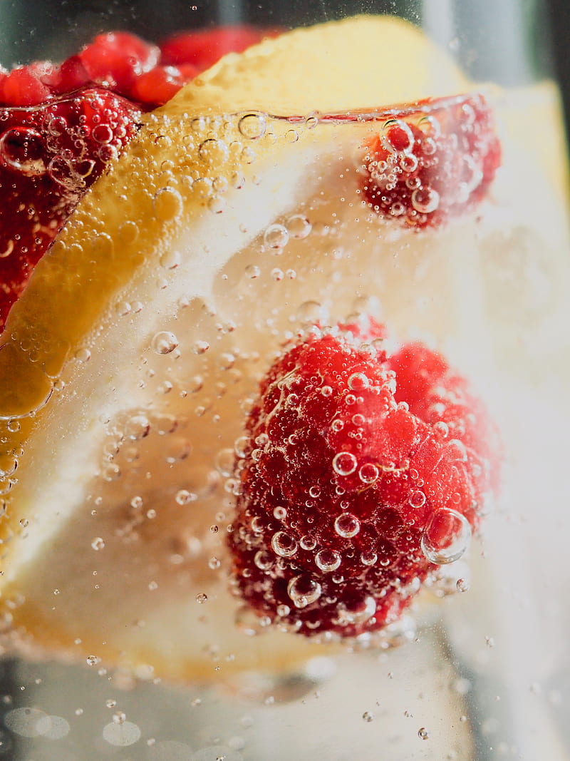 lemonade, drink, bubbles, raspberries, berries, macro, HD phone wallpaper