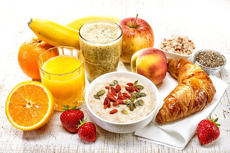Food, Breakfast, Croissant, Fruit, Juice, Oatmeal, Still Life, HD wallpaper