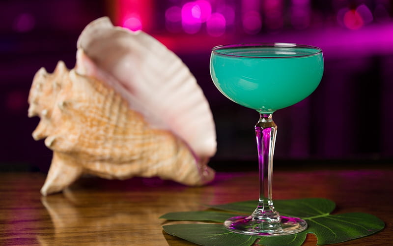 Cocktail, blue, glass, vara, shell, drink, summer, pink, HD wallpaper