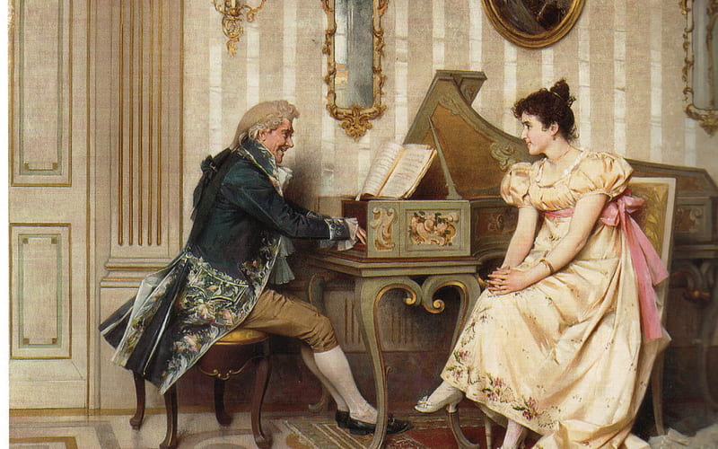 The serenade, art, cecchi, girl, painting, serenade, man, couple, piano, pink, HD wallpaper
