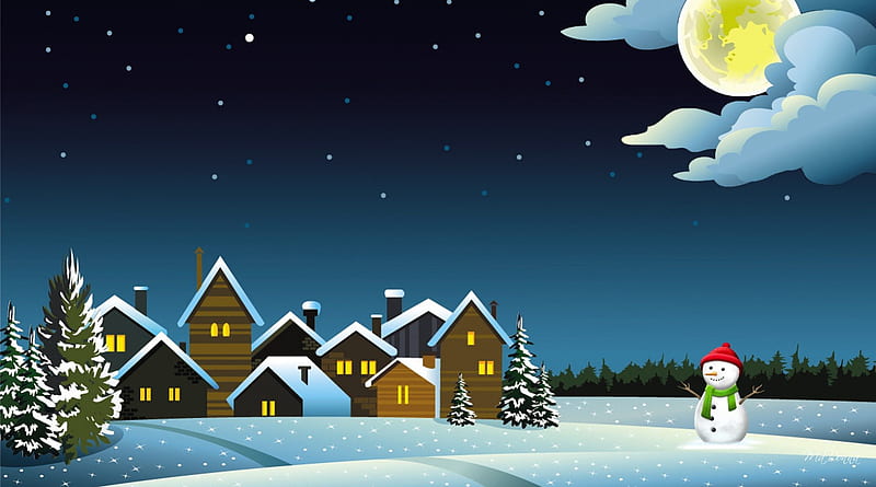 Beautiful Winter Night, glow, homes, clouds, moon, village, stars, warm, christmas, smile, country, sky, trees, snowman, winter, happy, windows, snow, lane, HD wallpaper