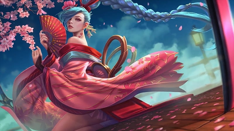 Sakura Fubuki, evantai, girl, hand fan, pink, kimono, blue, frumusete, luminos, wind, game, arena of valor, HD wallpaper