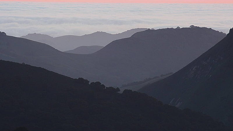 mountains of big sur california at dusk, silhouettes, dusk, clouds, mountains, HD wallpaper