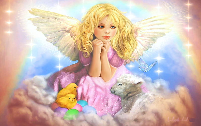 Easter Angel, wings, rabbit, butterfly, girl, chicken, digital, artwork, HD wallpaper